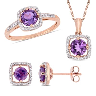 Miadora 3-PIECE SET 2ct TGW AMETHYST 1/3ct TW DIAMOND EARRINGS Necklace RING SET 10K ROSE GOLD