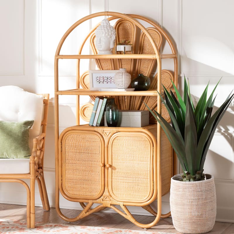 Noreen Peacock Fan Natural Rattan Cabinet - Handcrafted Rattan Pole Hutch with Woven Doors and Shelves, Boho Coastal Accent
