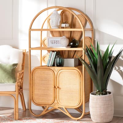 Noreen Peacock Fan Natural Rattan Cabinet - Handcrafted Rattan Pole Hutch with Woven Doors and Shelves, Boho Coastal Accent