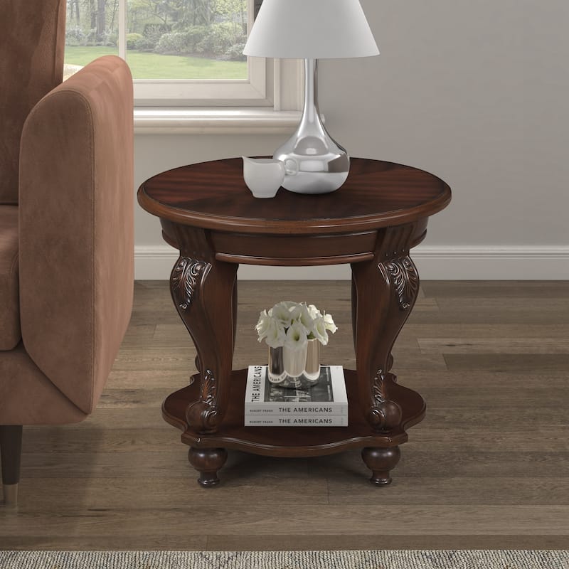 Round End Table,Solid Wood Sofa Side Table with Shelf,Living Room Corner Table Easy Assemble