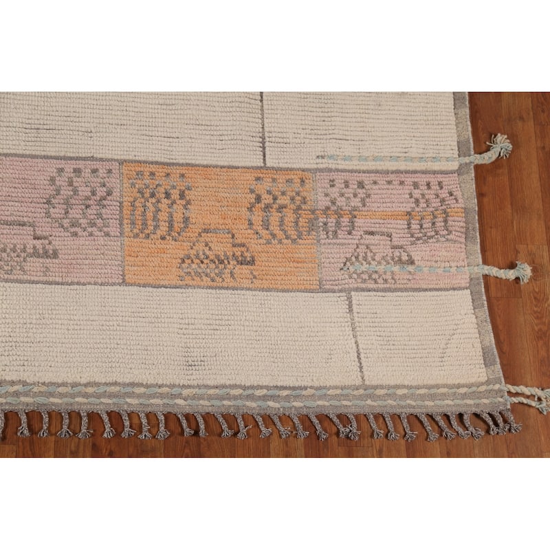 Moroccan Oriental Area Rug Handmade Beige Wool Carpet - 8'11"x 12'6"