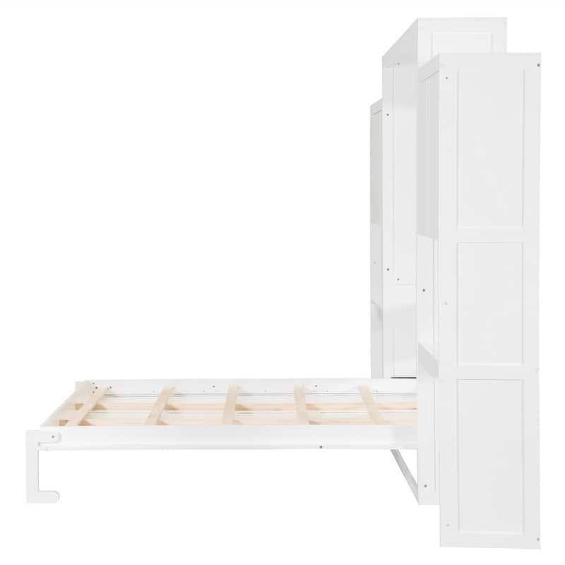 Queen Size Murphy Bed Wall Bed with Desk, Mirror and Vanity, Wooden Foldable Murphy Cabinet Bed with Storage Cabinets