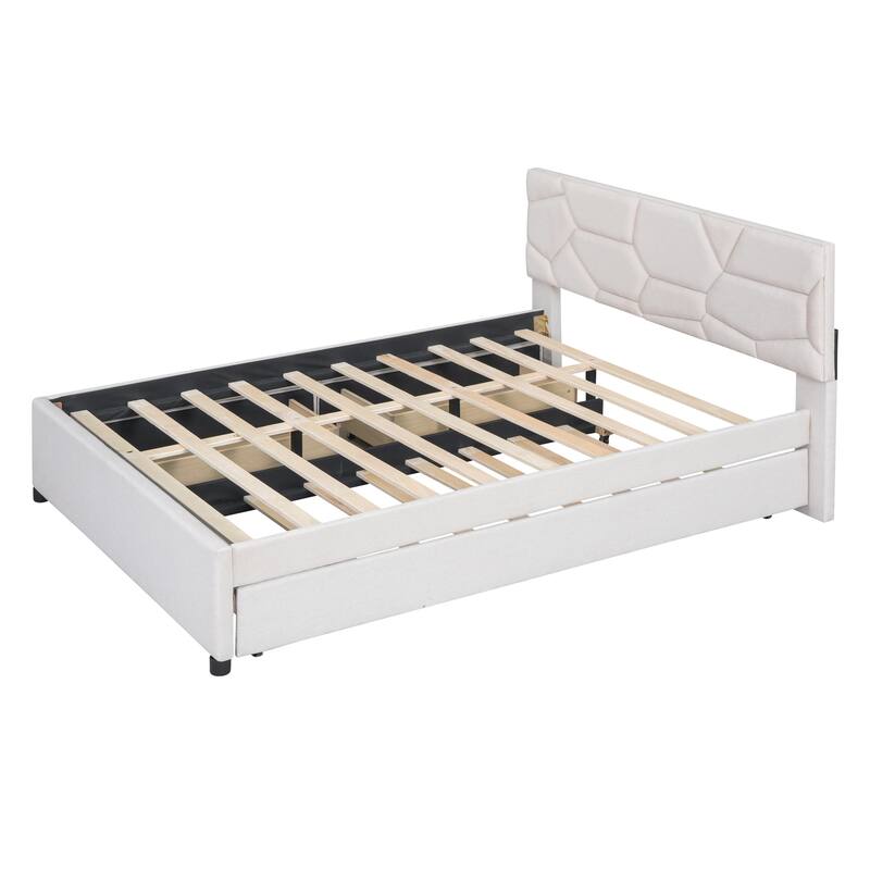 Full/Queen Size Upholstered Platform Bed with Stylish Brick Pattern Headboard, Trundle & 2 Drawers, Linen Fabric Comfort