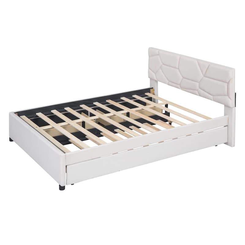 Queen Size Upholstered Platform Bed with Brick Pattern Headboard, with ...