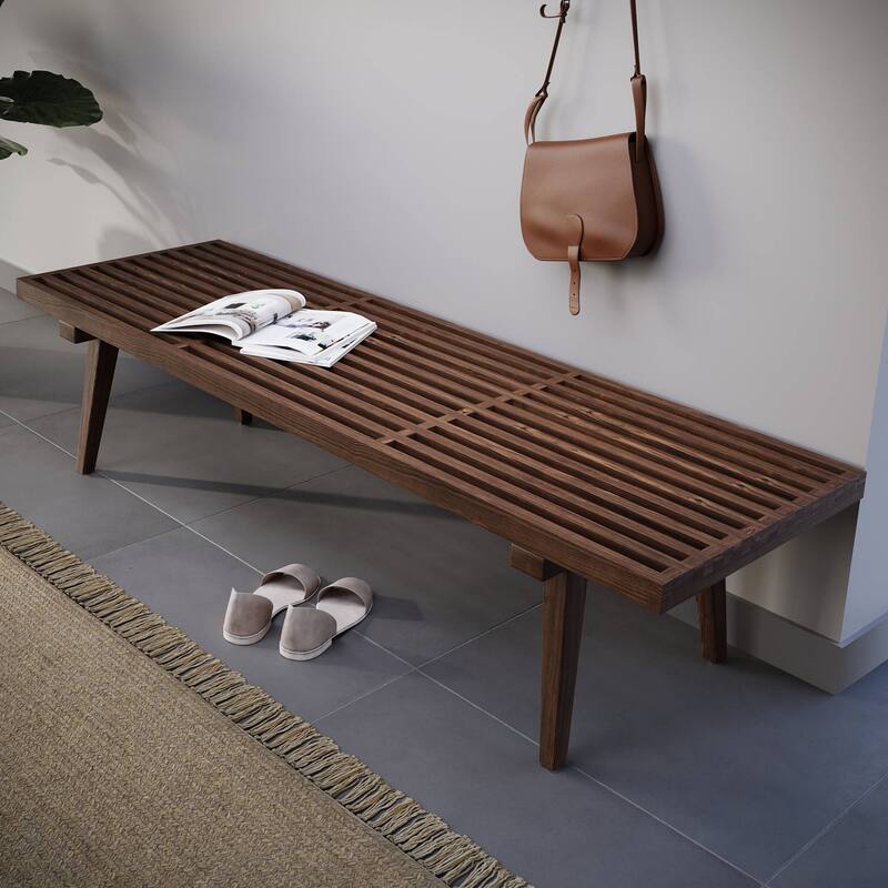 60" Solid Wood Platform Bench Rubberwood Rectangular Entryway Vanity Bench with Slatted Design for Home Office Living Room