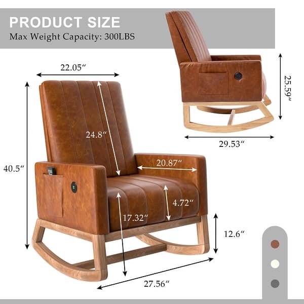 dimension image slide 0 of 3, VECELO Upholstered Rocking Chair Padded Seat with Pocket and USB Port, Rocking Chair Nursery Rocker