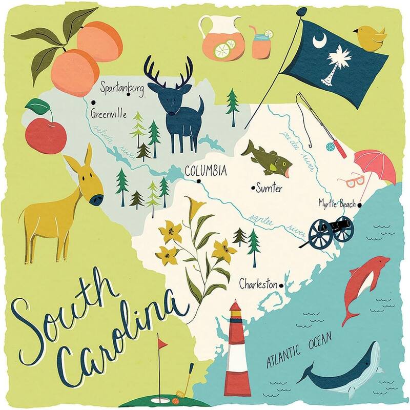 South Carolina 4-Pack Absorbent Stone Coasters with Protective Cork Backing 4" Square Made in The USA Easily Wipes Clean - Multi