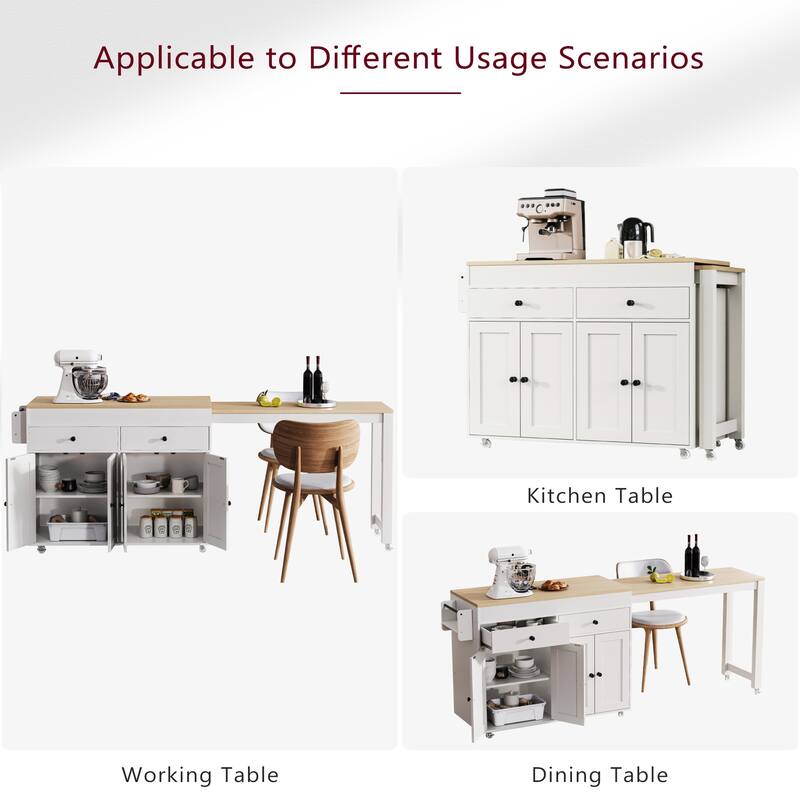 74.5 inch Kitchen Island with Extendable Dining Table , Rolling Kitchen Island on Wheels with Spice Rack and 2 Drawers