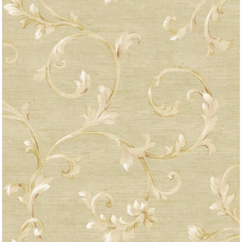 Seabrook Design Rhea Scrolls Unpasted Wallpaper - 20.5 in W x 33 ft. L - Metallic Khaki & Light Pink