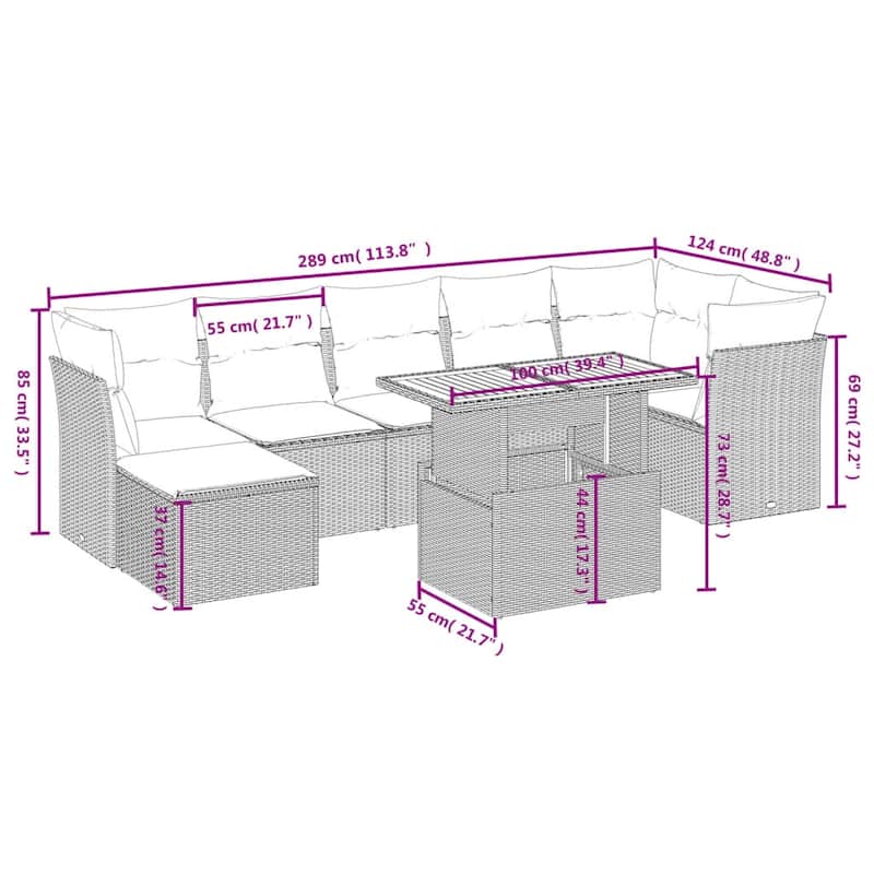 vidaXL Patio Sofa Set with Cushions Outdoor Furniture 8 Piece Poly Rattan - 21.7 x 39.4 x 28.7 in