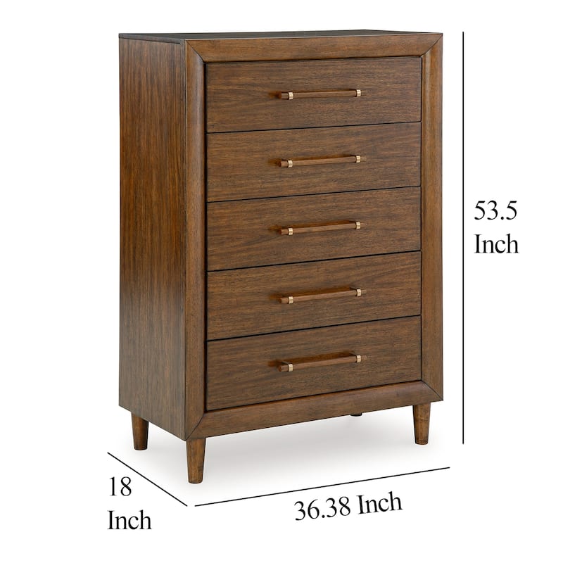 Jeyn Tall Dresser Chest, 5 Drawers, Traditional Dark Brown Solid Wood