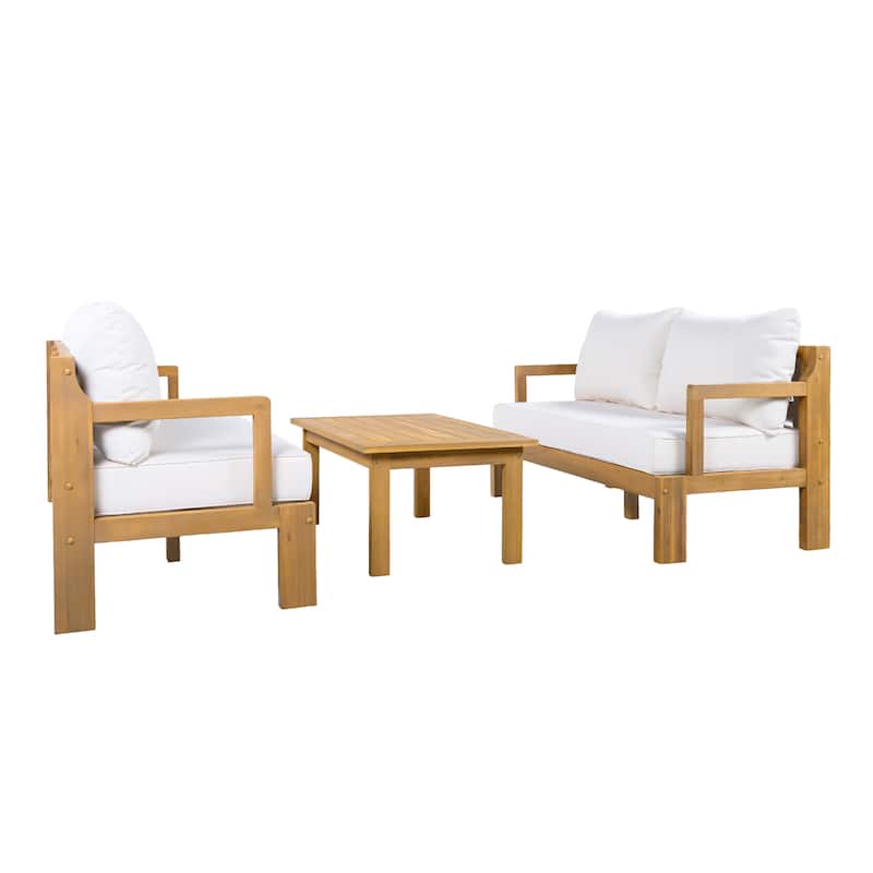 Christopher Knight Home - Modern 3-Piece Acacia Wood Outdoor Sectional Set with 3-Seater Sofa, Loveseat & Coffee Table