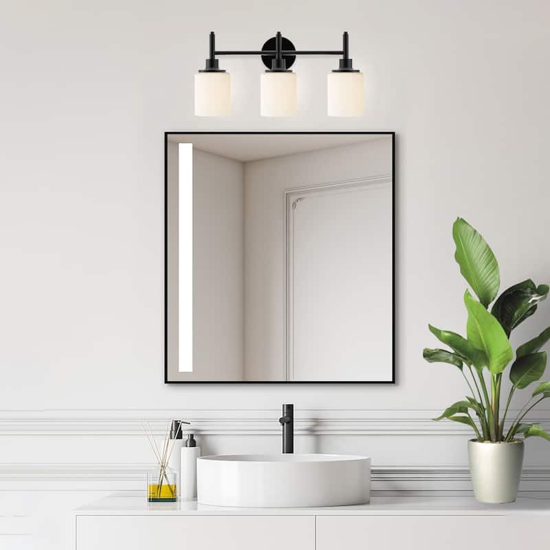 21 in. 3-Light Matte Black Finish Vanity Light with White Glass Shades - 21.6 in. L x 6.75 in. W x 10.6 in. H