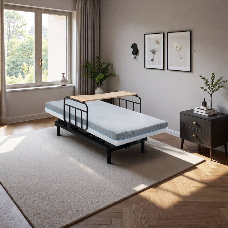 Electric Adjustable Bed with Memory Foam Mattress, Safety Rails, and Detachable Tray for Seniors and Recovery
