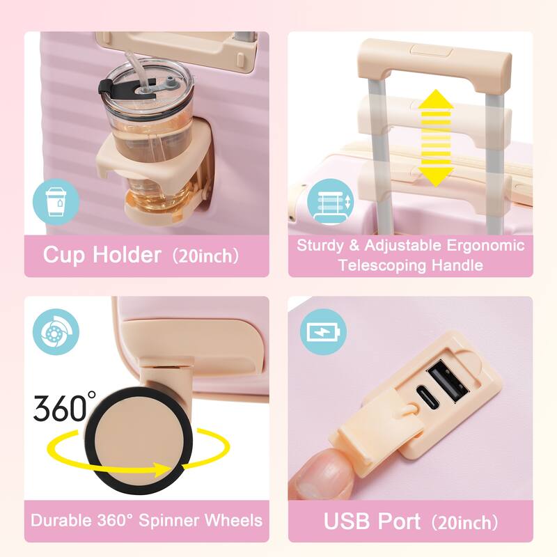 5-Piece Modern Expandable Luggage Sets, Front-opening Luggage with USB Port, Cup Holder and TSA Lock, for Boarding Travel, Pink