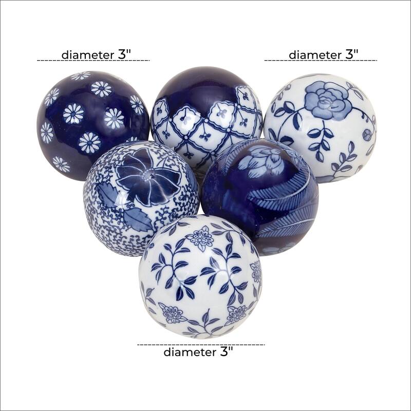 Ceramic Floral Handmade Glossy Decorative Orbs & Vase Filler with Varying Patterns - Set of 6 Black or Blue - Roche River Decor