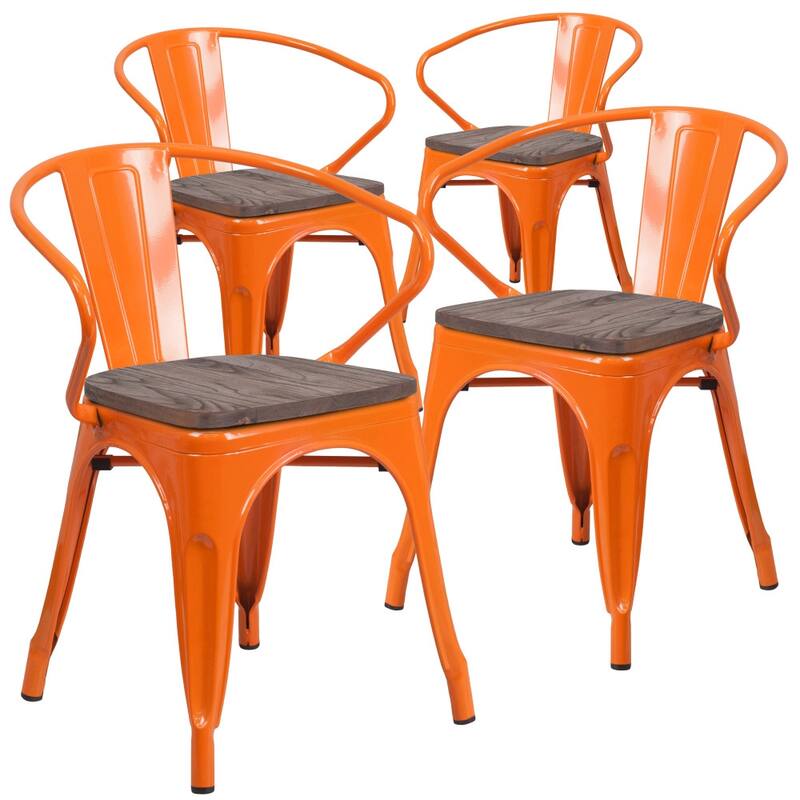 4 Pk. Metal Chair with Wood Seat and Arms