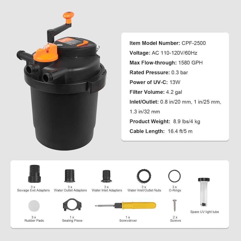 Bio Pressure Pond Filter, with 13W UV-C Light, Pressurized Biological Pond Filter System Filtration Equipment for Fountain Pool