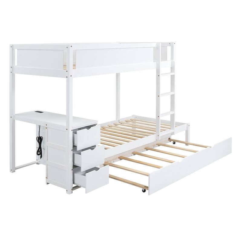 Twin-Over-Twin Bunk Bed with Trundle, Storage, Desk, USB Ports, White