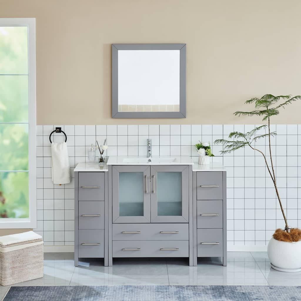 Vanity Art 54 Inch Single Sink Bathroom Vanity Set 8 Dove-Tailed Drawers 3 Cabinets 1 Shelf, Soft-Closing Doors with Free Mirror