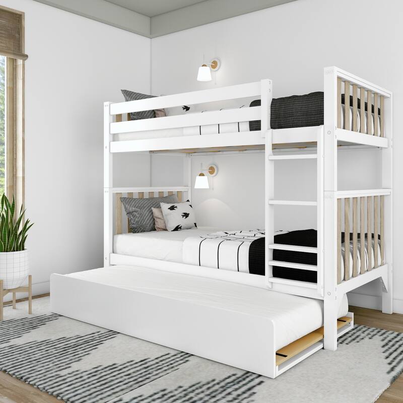 Max and Lily Scandinavian Twin over Twin Bunk Bed with Trundle - White/Natural - Twin/Twin