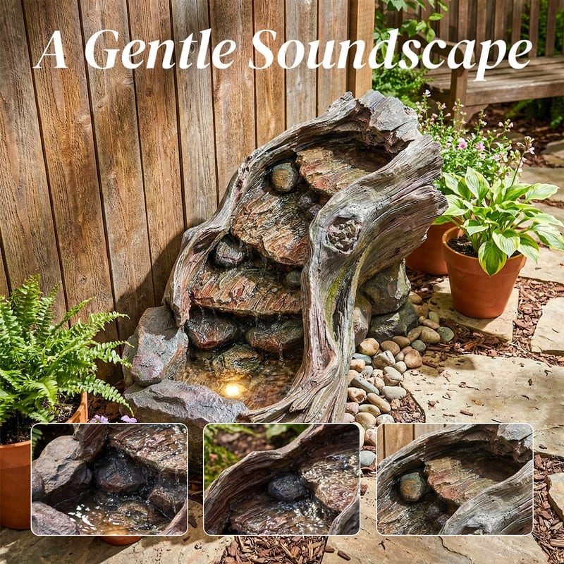 Driftwood and Rock Style Tiered Water Fountain with LED Lights Outdoor Garden Decor
