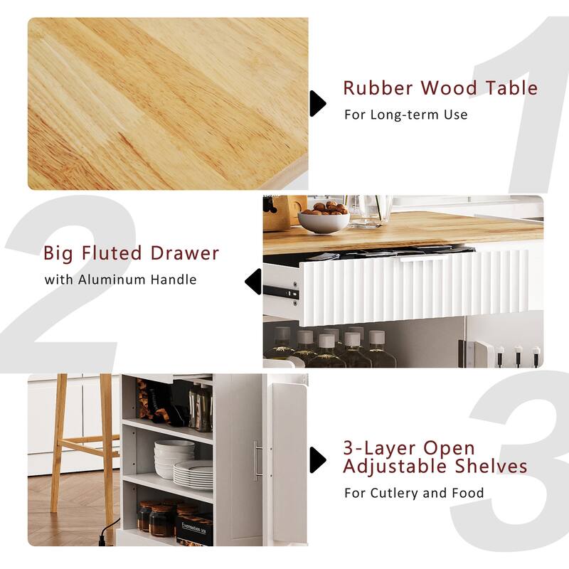 47" Fluted Kitchen Island with Trash Can Cabinet, Power Outlet, Rubber Wood Top, Rolling Storage Cart with Drawers & Side Racks