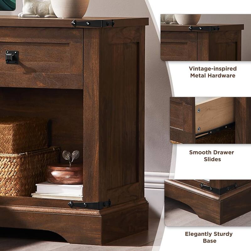Farmhouse Nightstand with Charging Station，Beside Table for Bedroom
