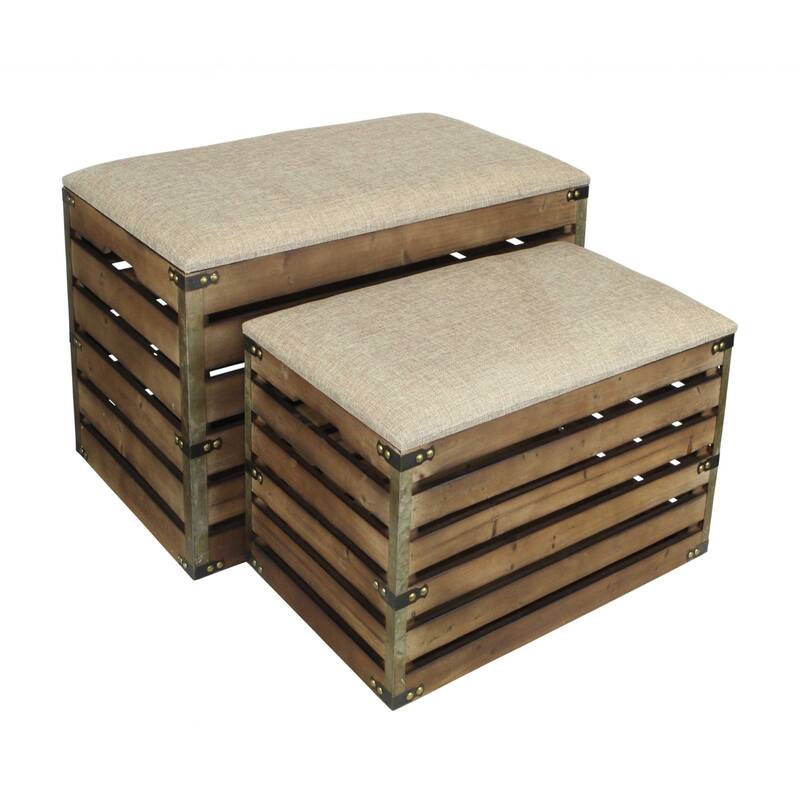 Wood Linen Upholstered Entryway Storage Benches Set with Flip Top - 14” D x 24” W x 17.5” H - Brown