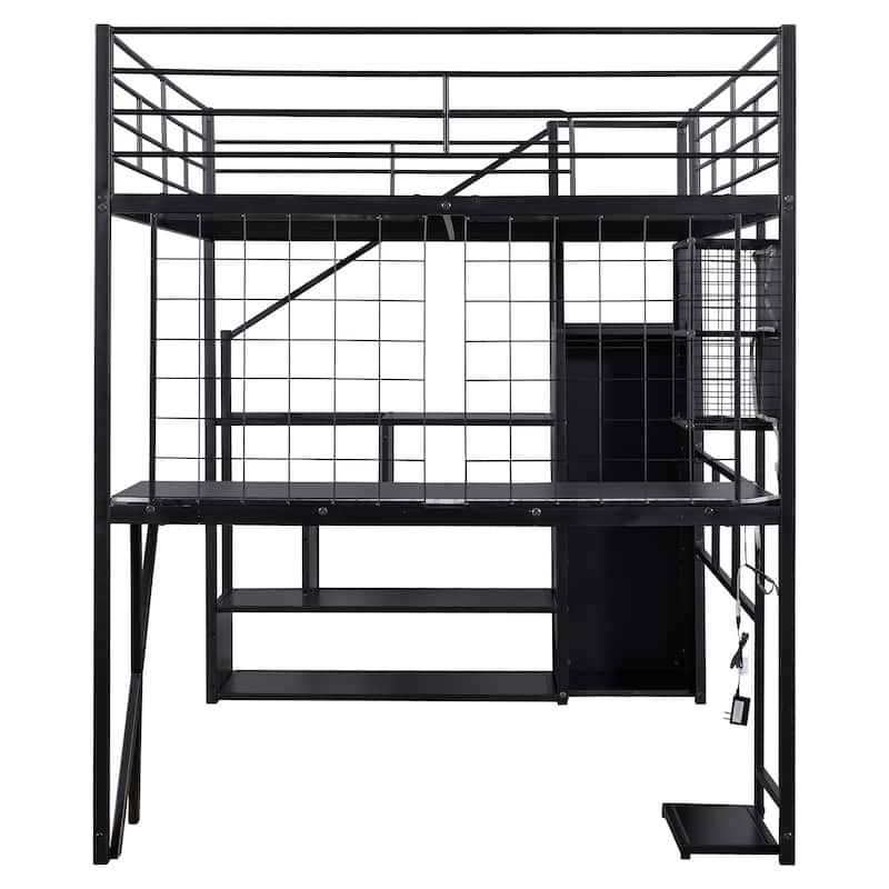 Full Size Metal Loft Bed With Built-In Work Station, Wardrobe, Storage Staircase And LED