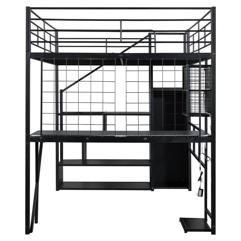 Metal High Loft Bed Frame with Guardrail, Full Size LED Loftbed with Built-in Work Station, Storage Staircase and Wardrobe