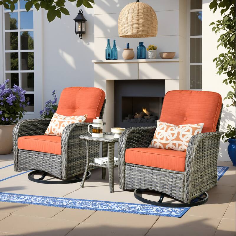 HOOOWOOO 3-piece Grey Wicker Patio Swivel Rocking Chair Set - Red/Orange
