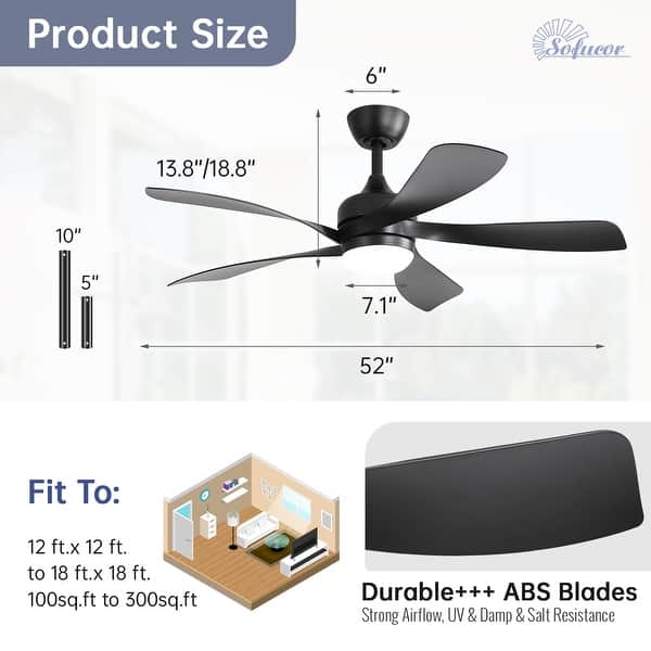 dimension image slide 7 of 10, Sofucor 45/52 Inch Ceiling Fan with Remote & Lights Quiet DC Motor 5 Blade High CFM Modern Fan