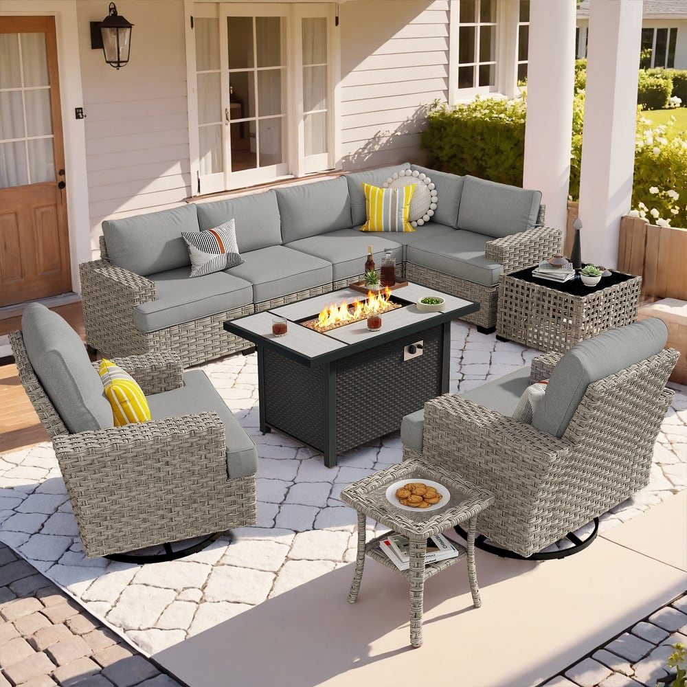 OVIOS 10 Pieces T shaped Seat Wide Armrest Swivel Chair Set With Fire Pit