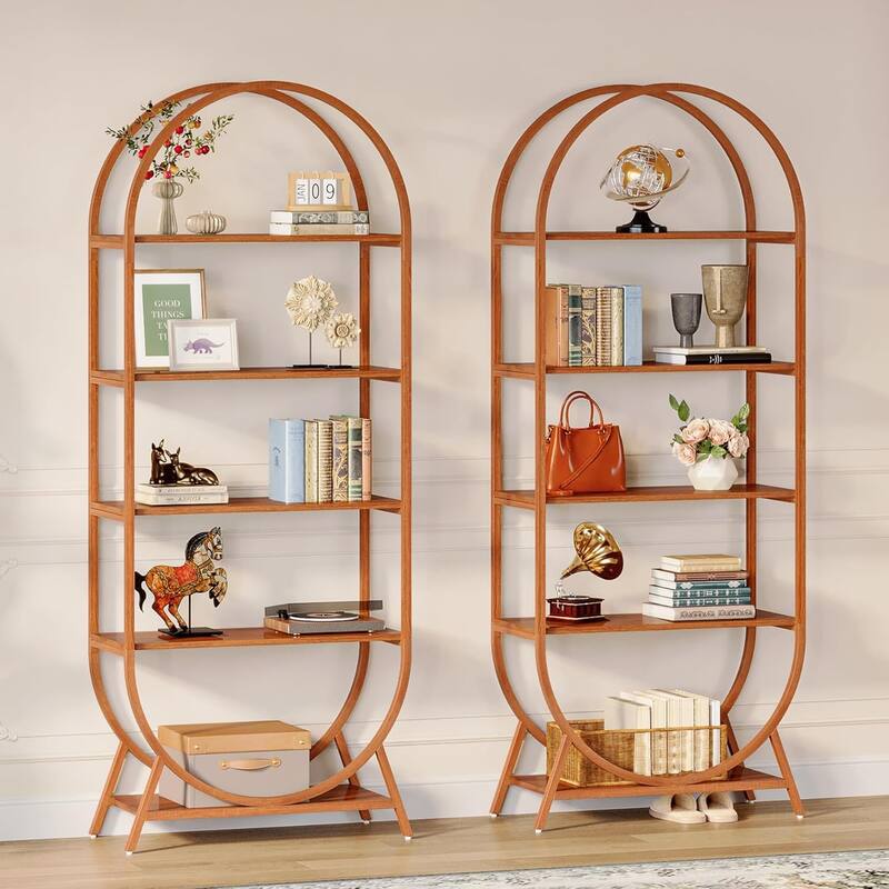 70.8 Inches Tall Bookshelf, 5 Tiers Arched Bookcase with Metal Frame - 2PCS - Bright Brown