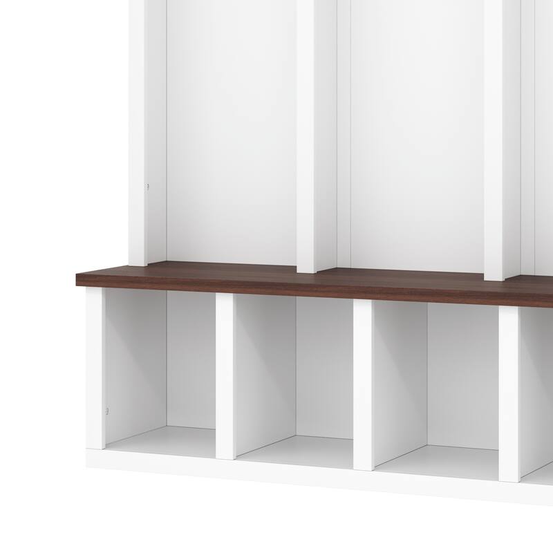 Practical Entryway Bench White Storage Bench with 5 Hooks, Mudroom Hall Tree Shoe Cabinet with 7 Cubbies