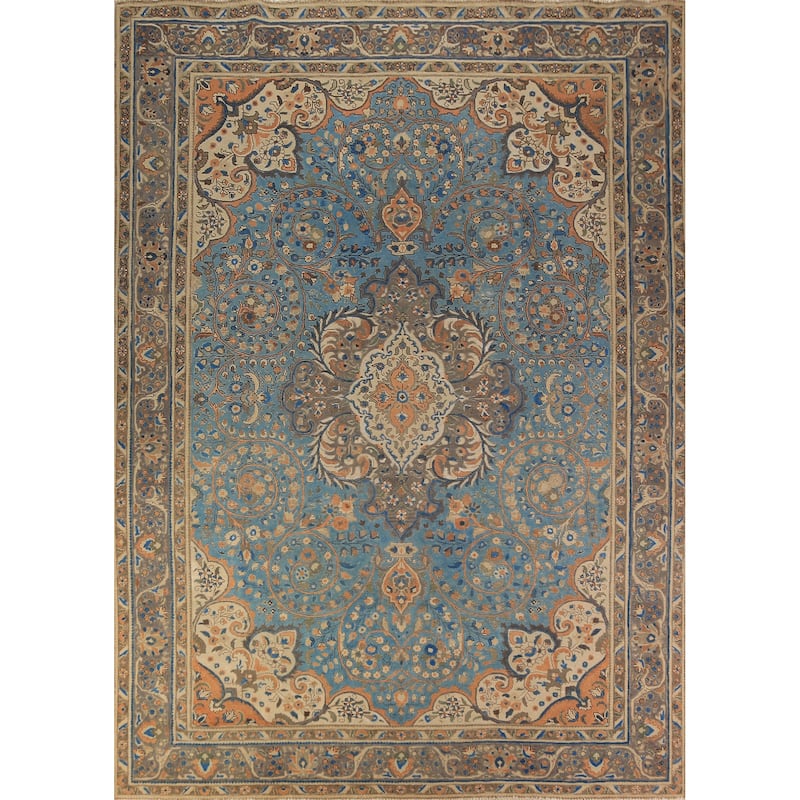 Traditional Blue Floral Tabriz Persian Rug Handmade Wool Carpet - 9'8"x 12'9"