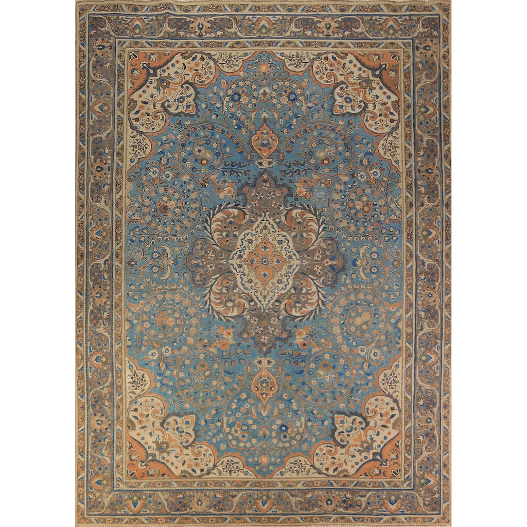 Traditional Blue Floral Tabriz Persian Rug Handmade Wool Carpet - 9'8"x 12'9"