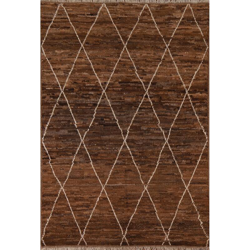 Hand Knotted Oriental 100% Wool Carpet Modern Trellis Brown Moroccan Area Rug - 6' 8'' X 5' 1''