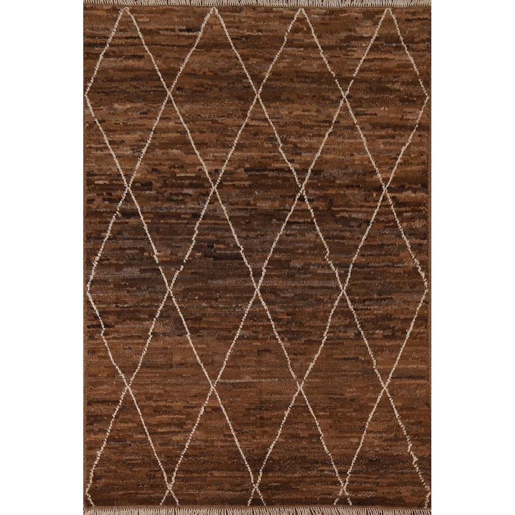 Hand Knotted Oriental 100% Wool Carpet Modern Trellis Brown Moroccan Area Rug - 6' 8'' X 5' 1''