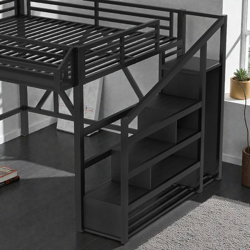 Metal Loft Bed with Storage Stairs, Built-in Wardrobe, Shelves, USB Ports, LED Lights & Noise-Reduced Frame