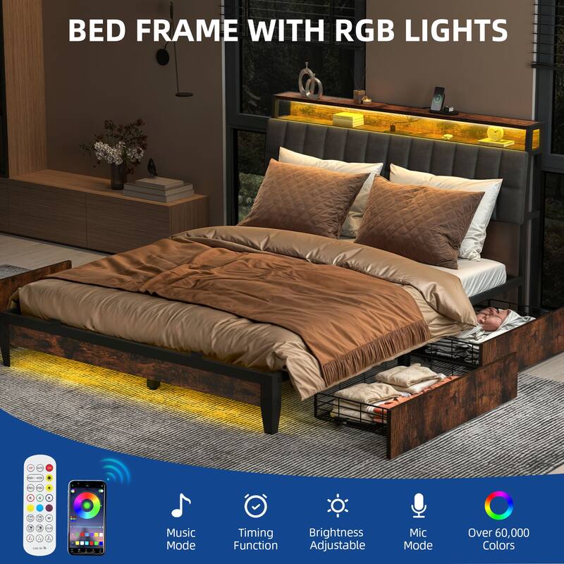 Moasis King/Queen/Full Size Upholstered Platform Bed with Charging Station and Storage Headboard
