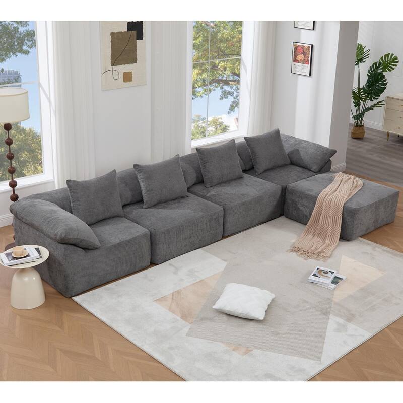 142" Chenille L-Shaped Modular Sofa with Sleeper & Ottoman