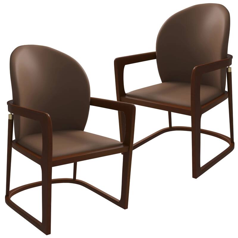 Svelta Leather Dining Chair with Rubberwood Legs Curved Back Accent Arm Chair for Kitchen and Dining Room Set of 2 - Brown