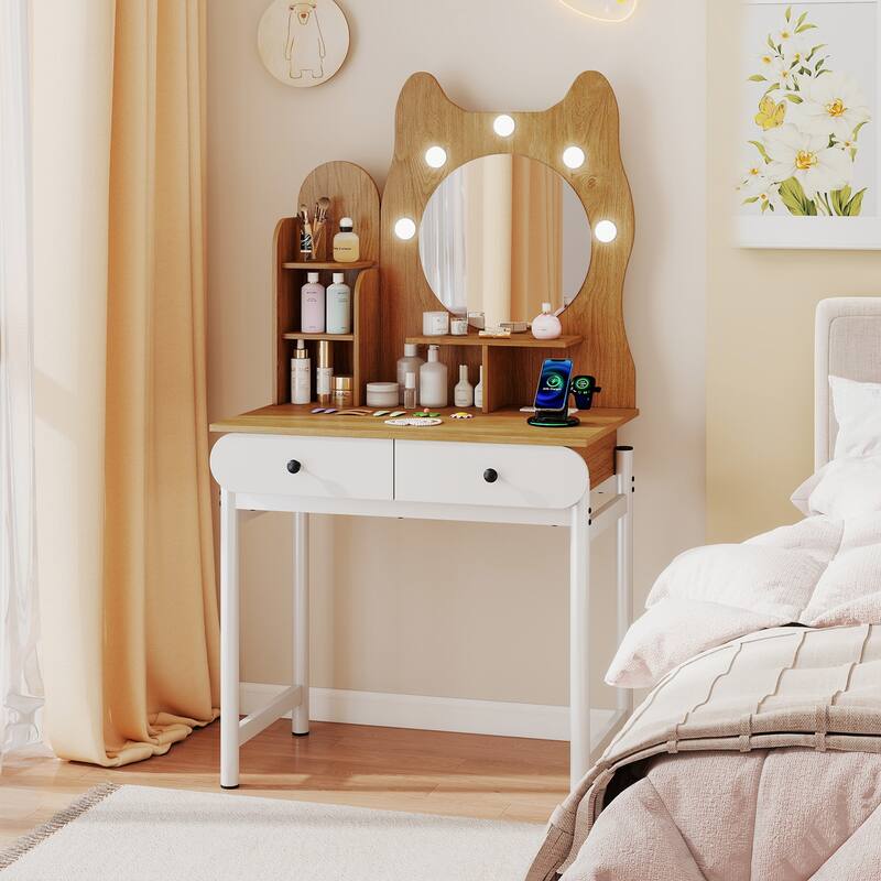 Gymax Small Vanity Desk w/ Mirror & Lights Cute Kitty Makeup Table
