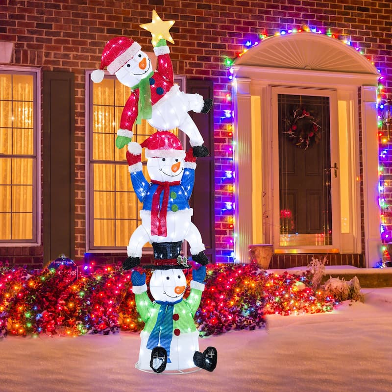 Gymax 6 ft 3D Pre-Lit Christmas Stacked Snowman w/ 155 LED Lights Zip - Multi - See Details