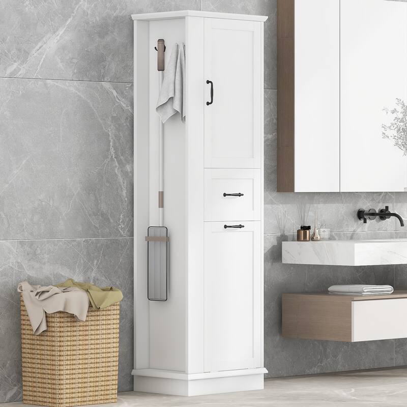 Modern Tall Storage Cabinet - Tilt-Out Compartment, Adjustable Shelves, 80LBS Capacity, Soft-Close Hinges