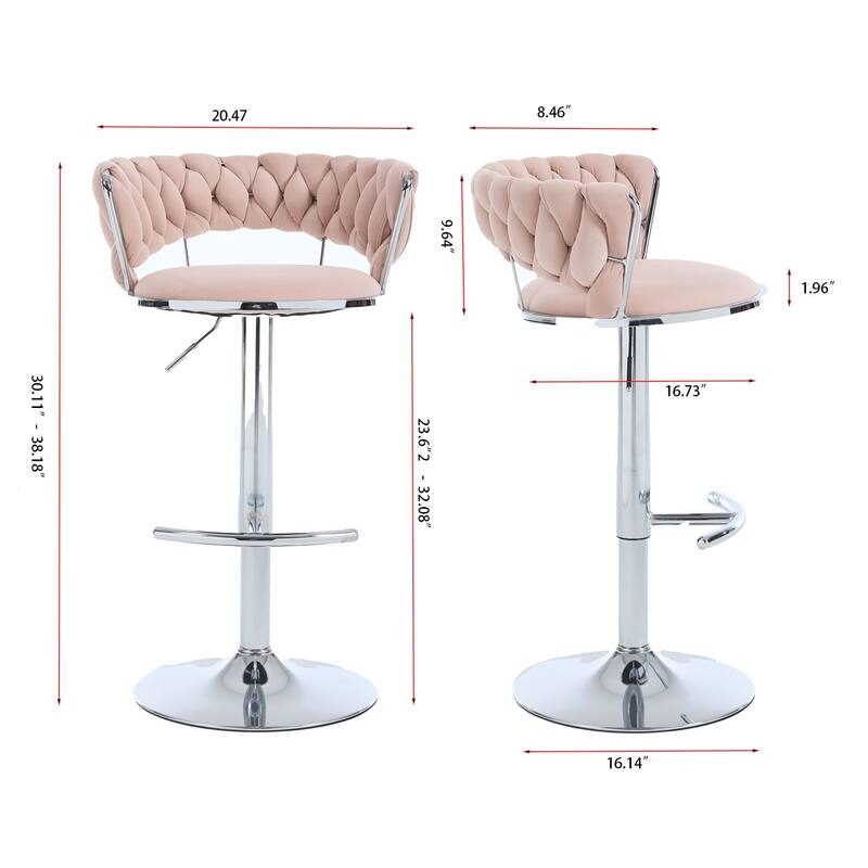 Set Of 2 Bar Stools,With Chrome Footrest And Base Swivel Height Adjustable Mechanical Lifting Velvet, Chrome Leg