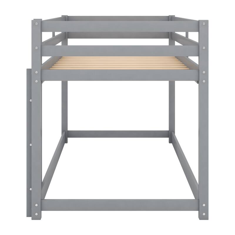 Twin Over Twin Floor Bunk Bed with Ladder, Gray - Solid Pine Wood, Low Design, Safety Guardrail