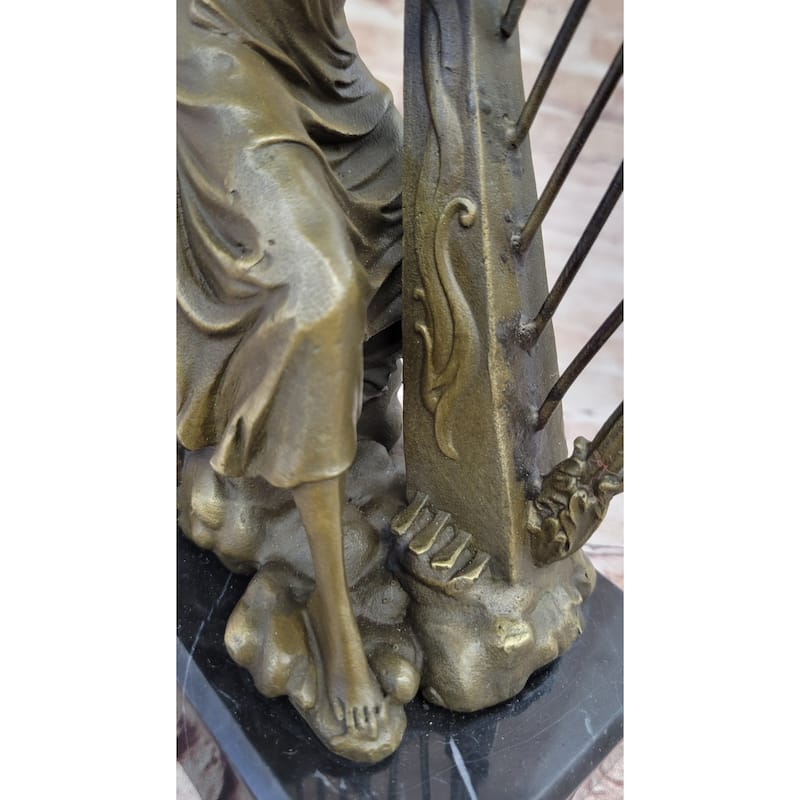 Winged Female Angel Playing Heavenly Harp - Bronze Memorial Sculpture Statue